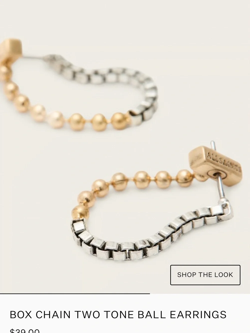 AllSaints Box Chain Two Tone Ball Earrings Warm Brass Mix New With Tags - Picture 10 of 11